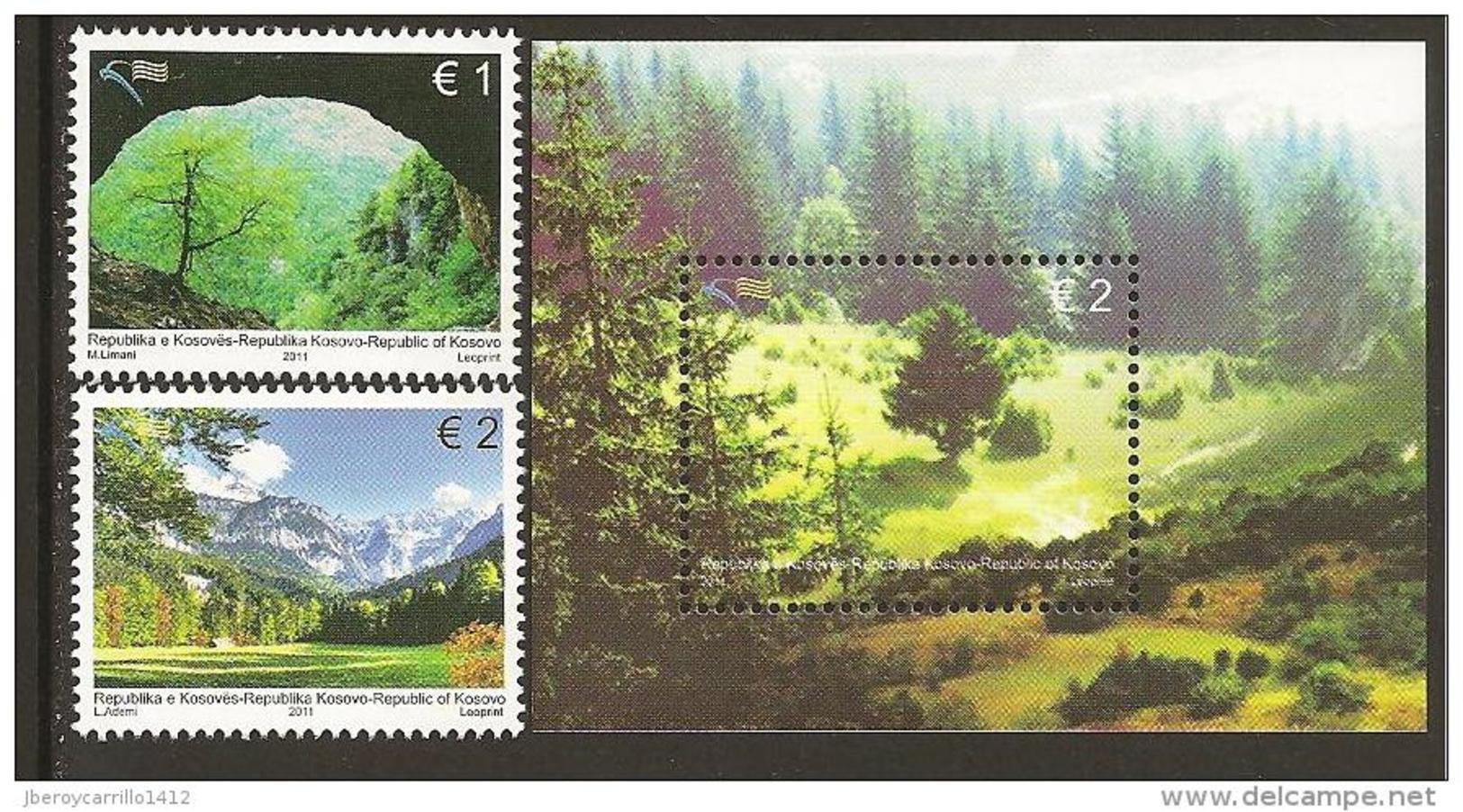 KOSOVO - EUROPA 2011 -TEMA ANUAL  " BOSQUES".- SERIE De 2 V. + HOJITA BLOQUE.- DENTADO  (PERFORATED) - 2011