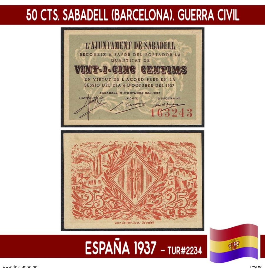 C0953.1# España 1937. 50 Cts. Sabadell (Barcelona) (UNC) TUR#2234 - 1-2 Peseten