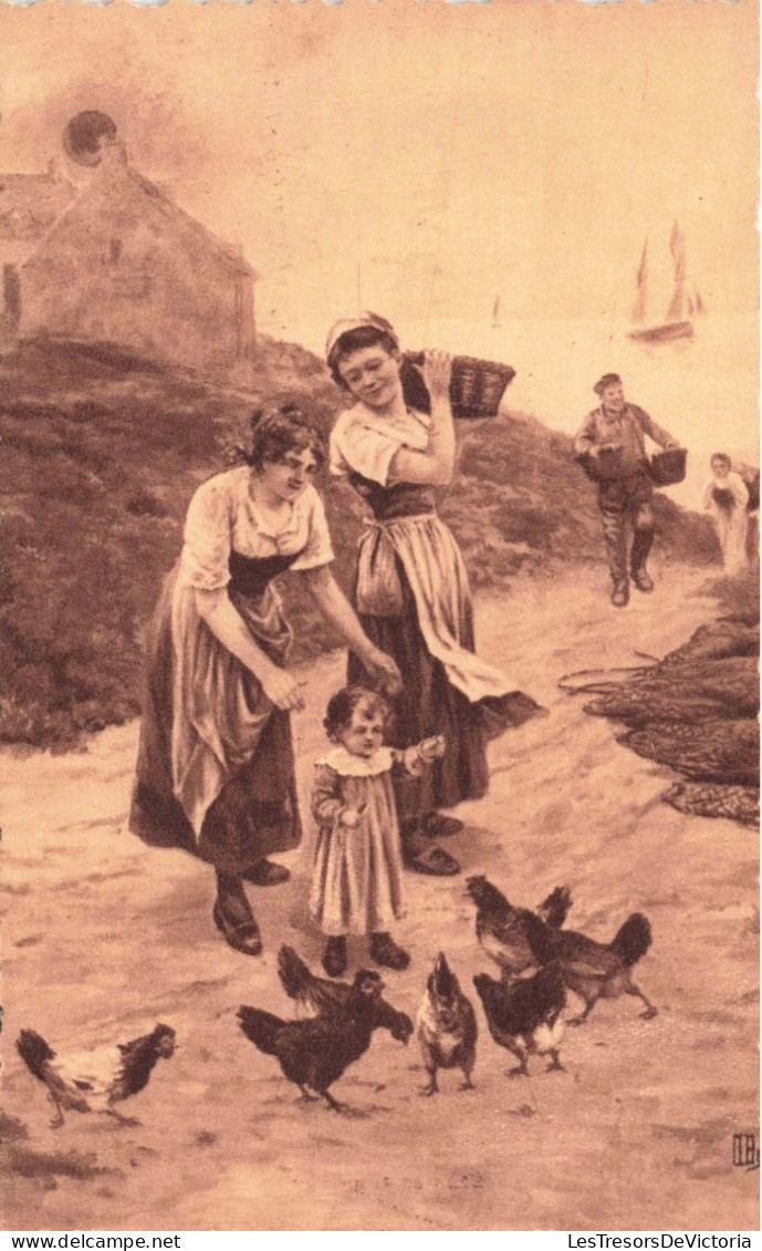 ENFANT - Scène - Une Mère Encourageant Son Bébé à Jouer Avec Les Poules - Port -  Carte Postale Ancienne - Dessins D'enfants