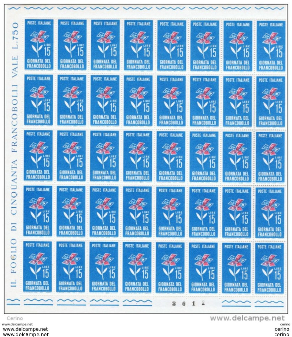 REPUBBLICA:  1963  GIORNATA  DEL  F.LLO  -  £. 15  AZZURRO  CHIARO  E  ROSSO  FGL. 50  N. -  SASS. 973 - Feuilles Complètes