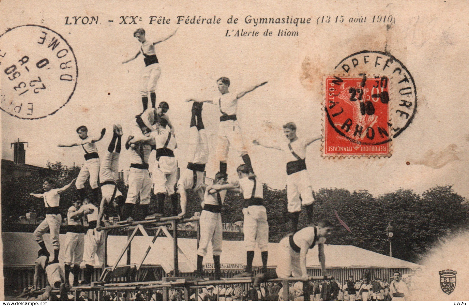 XXe Fête Fédérale De Gymnastique, Lyon 1910 - L'Alerte De Riom (63) Pyramide - Carte S.F. écrite - Gymnastique