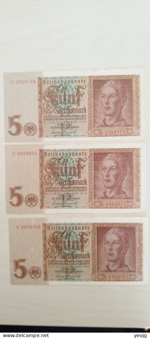 3x 5 Reichsmark 1942 AUNC Mit Leichten Verfärbungen - 5 Reichsmark