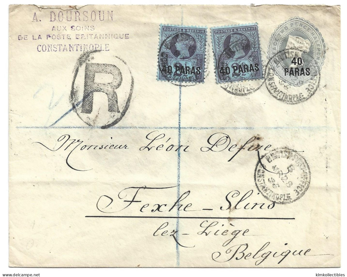 GREAT BRITAIN UNITED KINGDOM ENGLAND - BRITISH LEVANT - POST OFFICE IN CONSTANTINOPLE TURKEY - 1896 REG COVER TO BELGIUM - British Levant