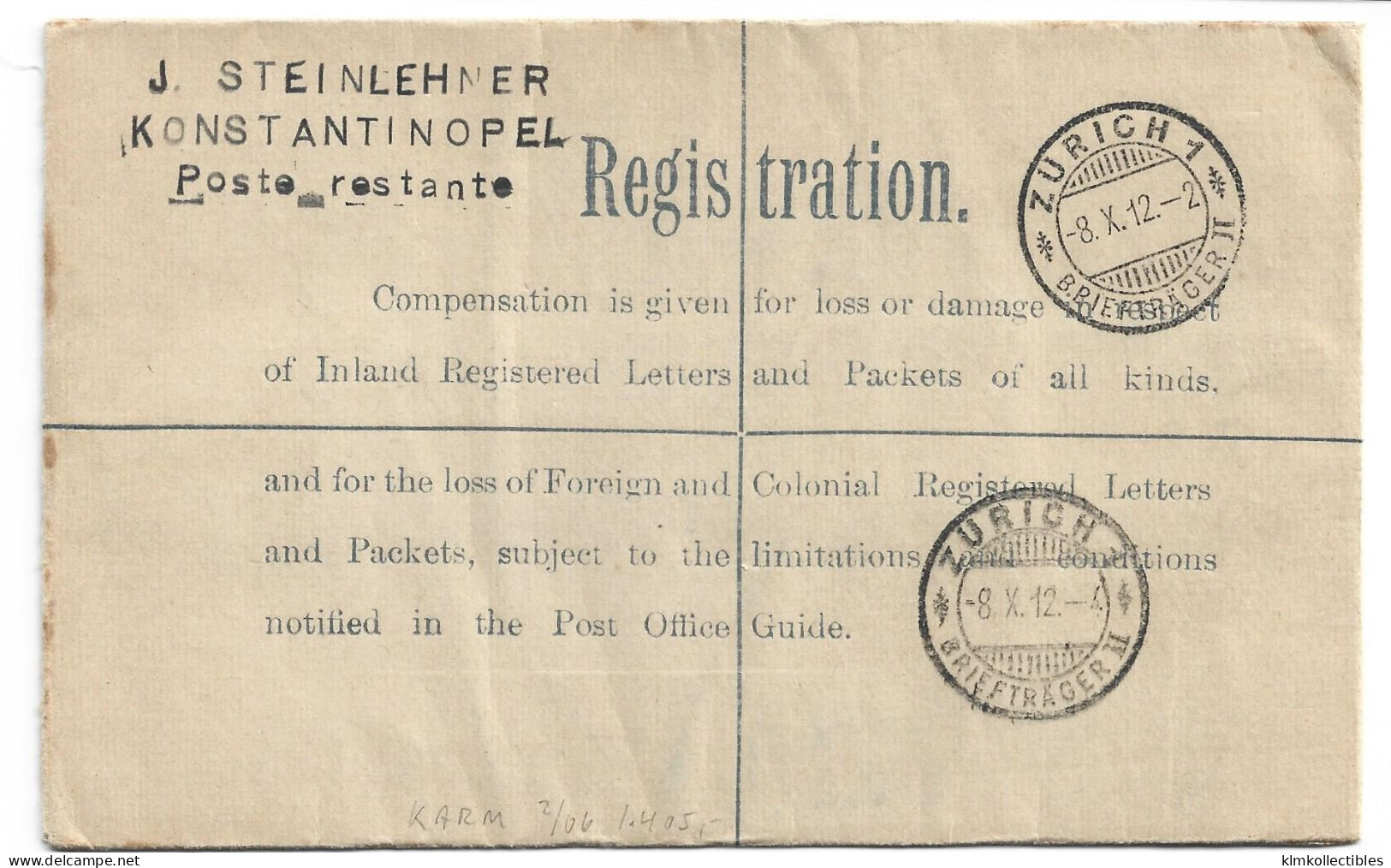 GREAT BRITAIN UNITED KINGDOM - BRITISH LEVANT - POST OFFICE IN CONSTANTINOPLE TURKEY - 1912 REG LETTER TO SWITZERLAND - British Levant