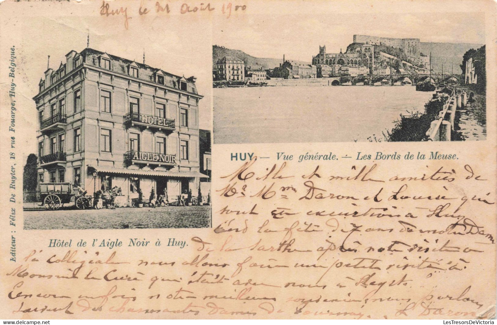 BELGIQUE - Huy - Vue Générale - Les Bords De La Meuse - Hôtel De L'Aigle Noir à Huy - Carte Postale Ancienne - Huy