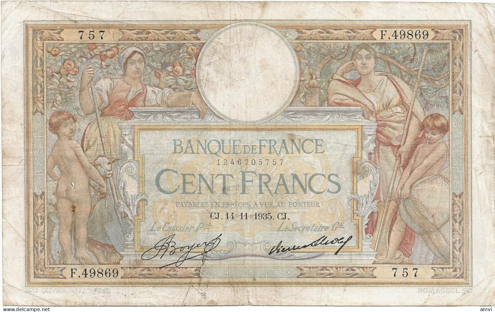 23-0742 Billet, France , 100 , Cent Francs ,LUC OLIVIER MERSON , CJ. 14.11.1935. CJ. - 100 F 1908-1939 ''Luc Olivier Merson''