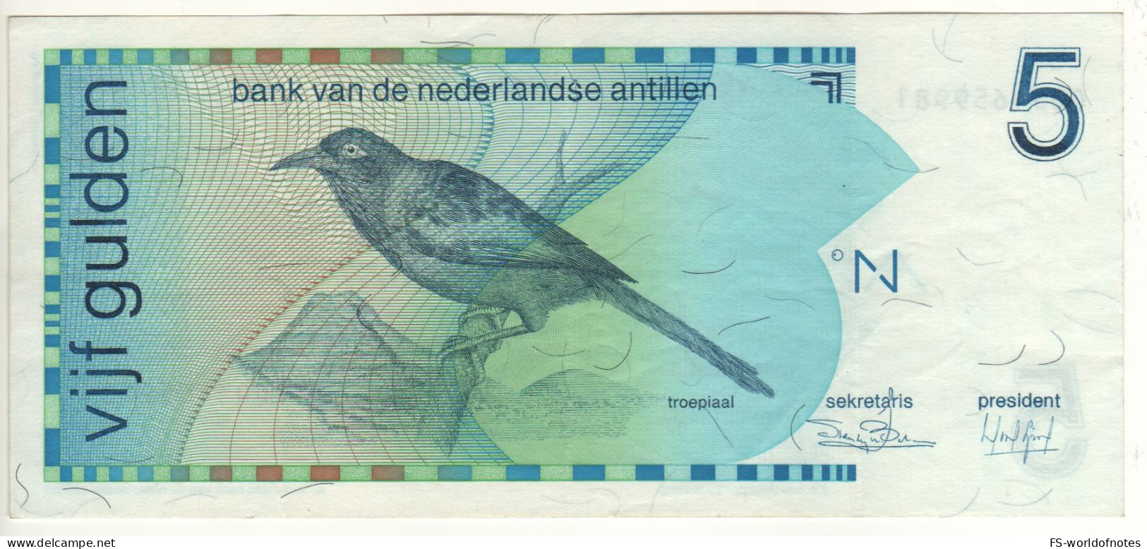 NETHERLANDS  ANTILLES  5 Gulden   P22a   ( 1986    Troupial Bird + Bank Seal At Back   ) - Netherlands Antilles (...-1986)