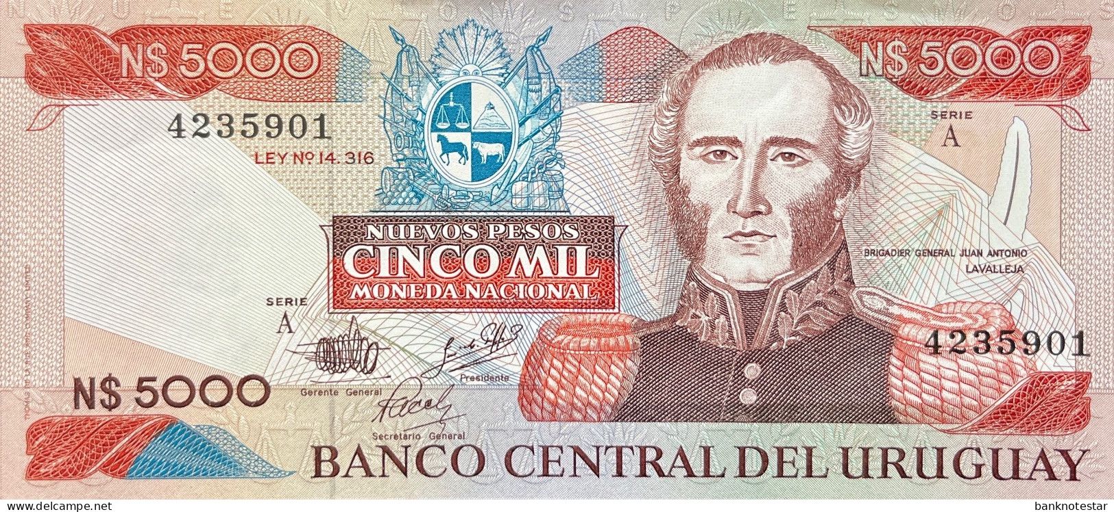 Uruguay 5.000 Nuevos Pesos, P-65 (1983) - AU - RARE Series A Banknote - Uruguay