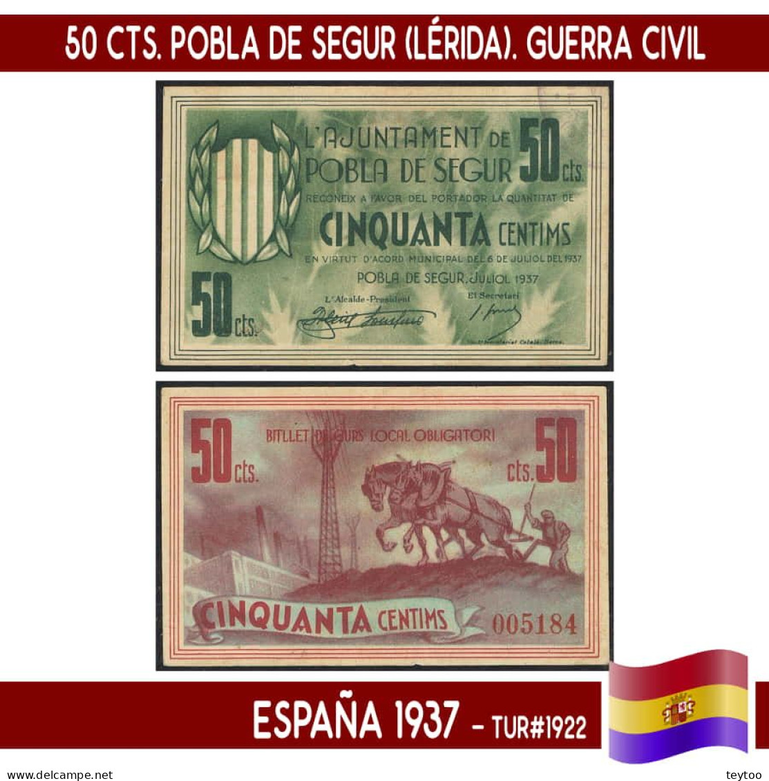 C0052.4# España 1937. 50 Cts. Pobla De Segur (Lérida) (UNC) TUR#1922 - 1-2 Peseten