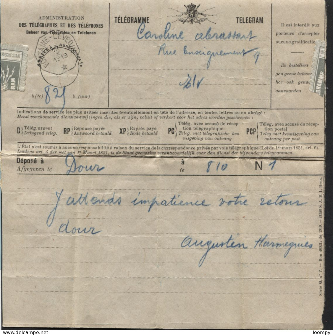 Télégramme Obl. Télégraphique FONTAINE-L'EVEQUE 1919. Telegraaf (x594) - Telegrammen