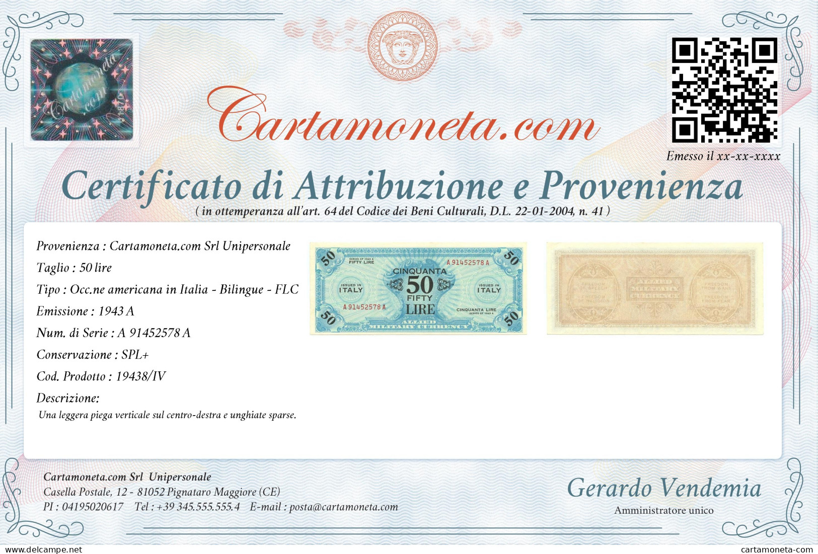 50 LIRE OCCUPAZIONE AMERICANA IN ITALIA BILINGUE FLC A-A 1943 A SPL+ - Geallieerde Bezetting Tweede Wereldoorlog