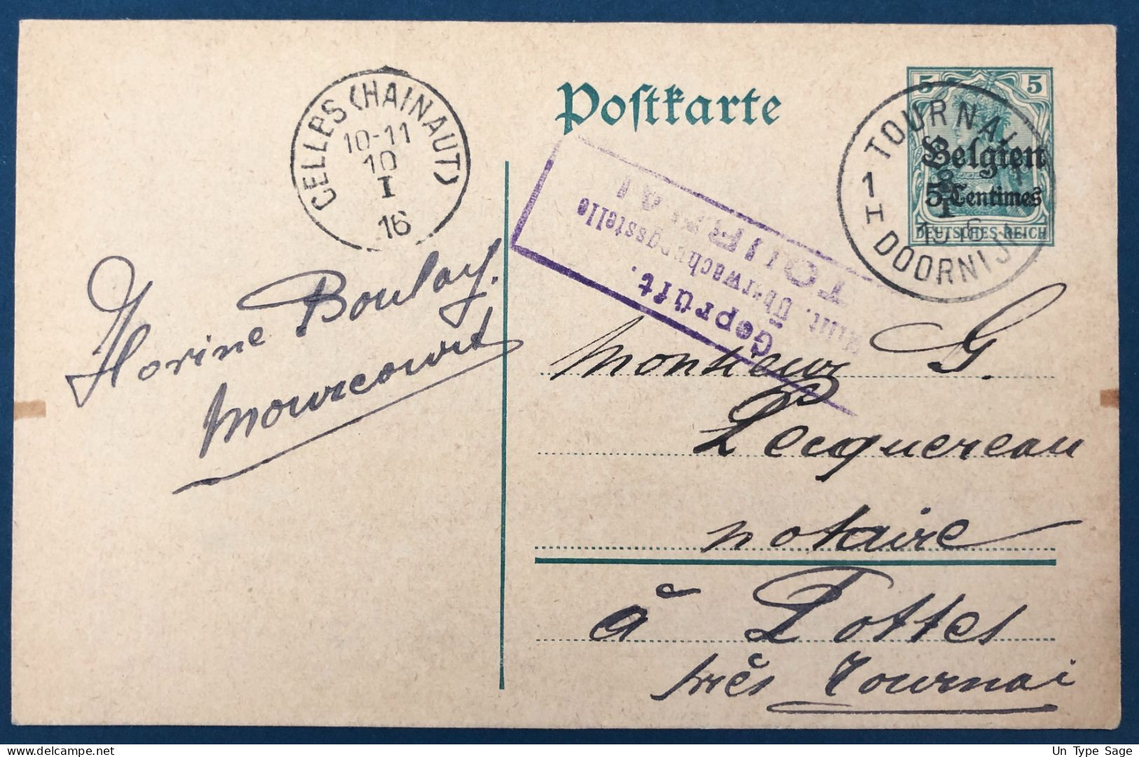 Belgique, Entier-carte (occupation) De Tournai 1916 + Censure Tournai - (A144) - Sonstige & Ohne Zuordnung