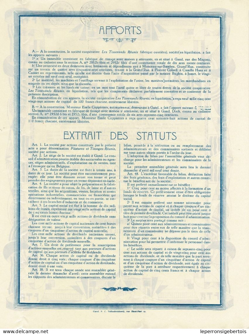 -Titre De 1930 - Filatures Et Tissages Réunis à Gand - Titre Art Déco - - Textile