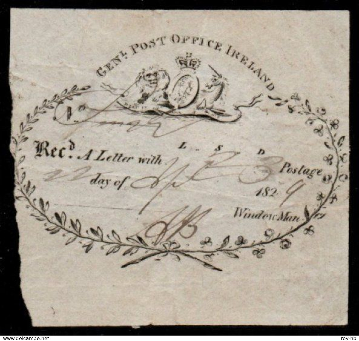 1829 "Window Man" Receipt For 2/3, Dated September 22nd, Initialled "A.B.", Border Just Touched At Left, Some Adherence - Préphilatélie
