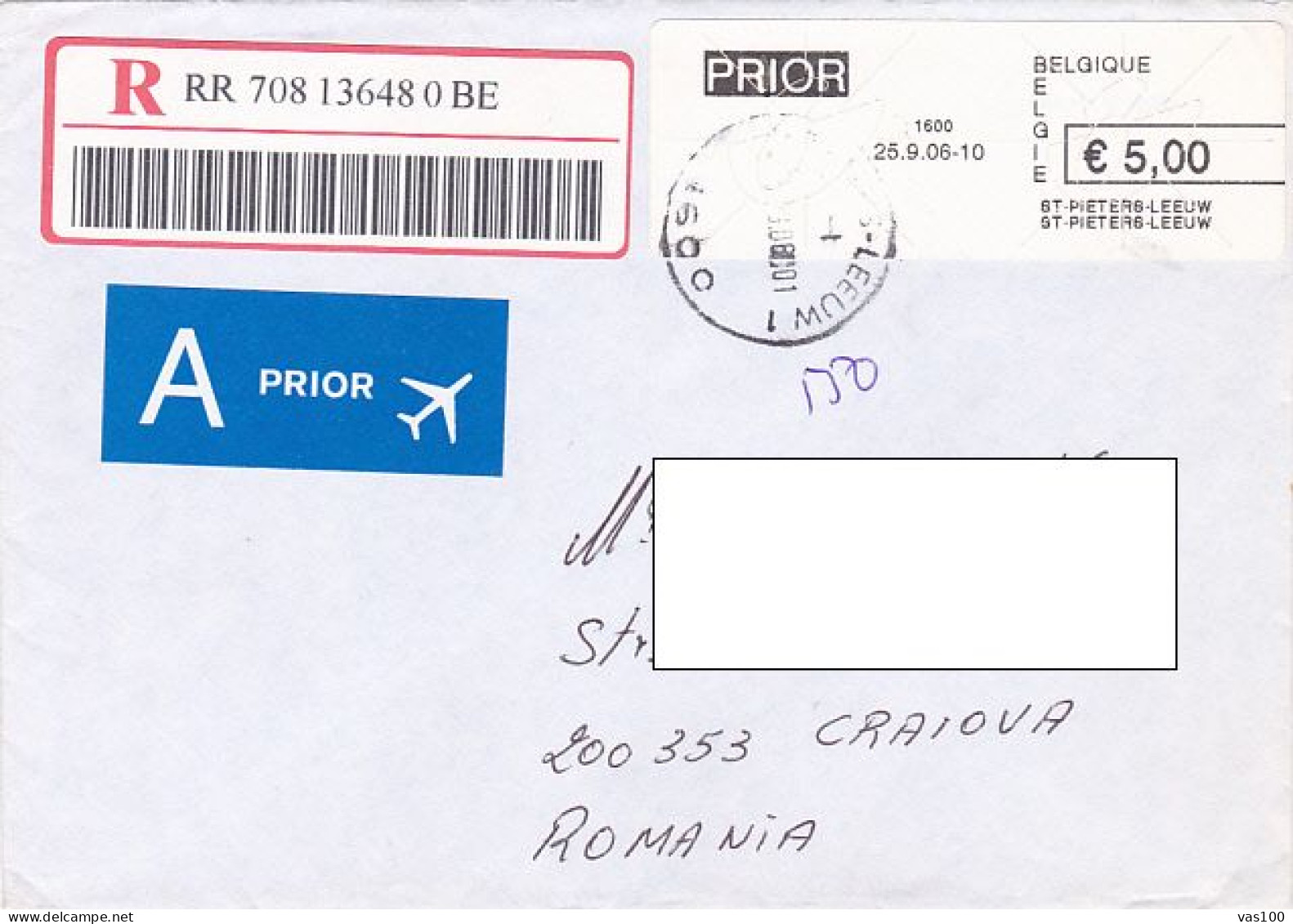 AMOUNT 5, BARCODE, MACHINE PRINTED STAMPS ON REGISTERED COVER, 2006, BELGIUM - Briefe U. Dokumente