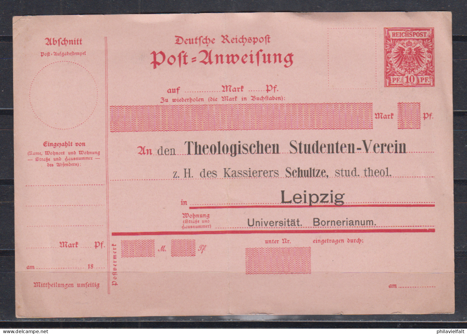 Dt.Reich Postanweisung MiNo.A10 (199) ** Mit Seltenem Privaten Zudruck " ..Theologischen Studeten-Verein Leipzig ..." - Autres & Non Classés