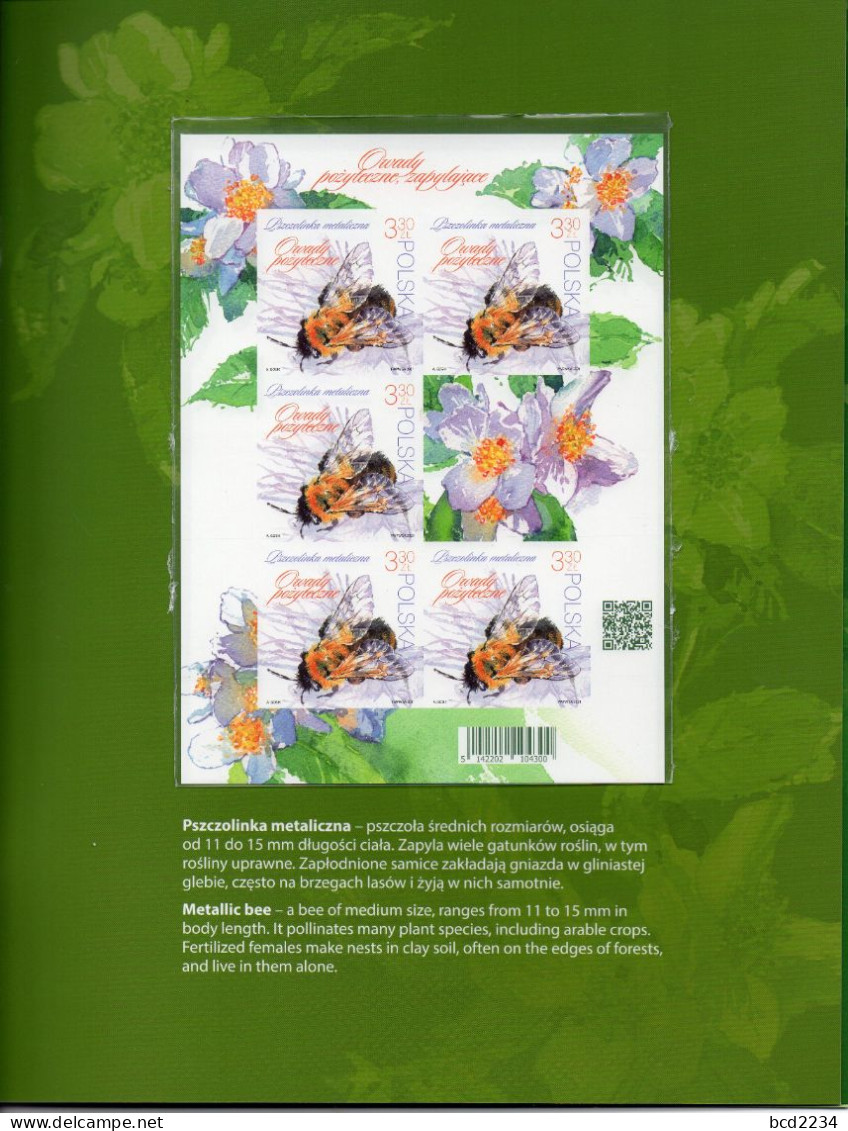 POLAND 2021 POST OFFICE LIMITED EDITION FOLDER: USEFUL INSECTS IMPERFORATED MS HONEY CARDER BEES & 4 OTHER BEES FLOWERS - Lettres & Documents