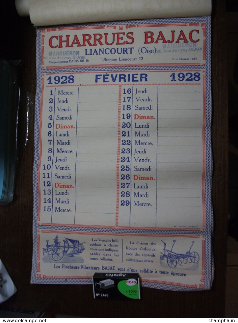 Calendrier Année 1928 - Charrues Bajac à Liancourt (60) - Ets Margueron à Dijon (21) - Matériel Agricole Agriculture - Groot Formaat: 1921-40