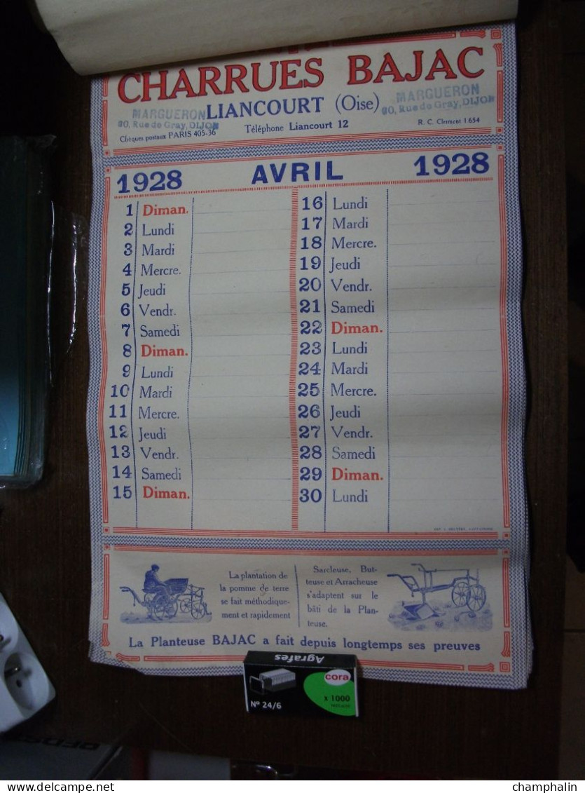 Calendrier Année 1928 - Charrues Bajac à Liancourt (60) - Ets Margueron à Dijon (21) - Matériel Agricole Agriculture - Groot Formaat: 1921-40