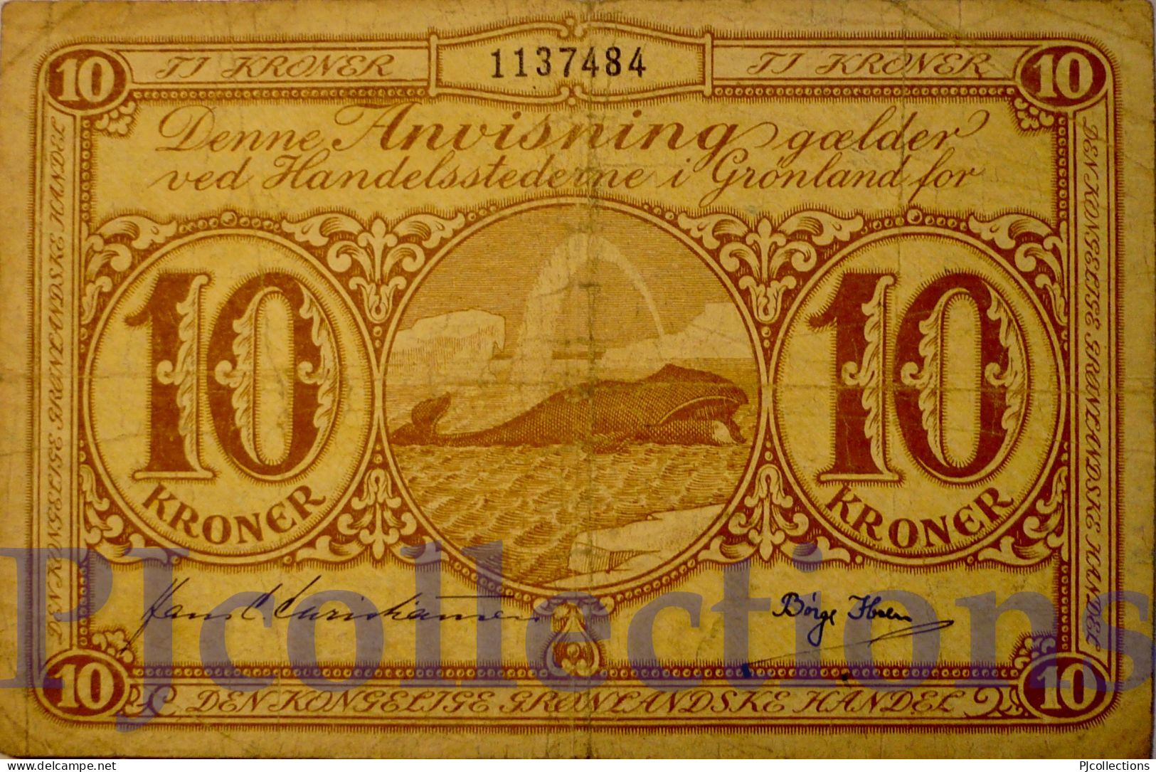 GREENLAND 10 KRONER 1953/57 PICK 19a FINE+ RARE - Greenland