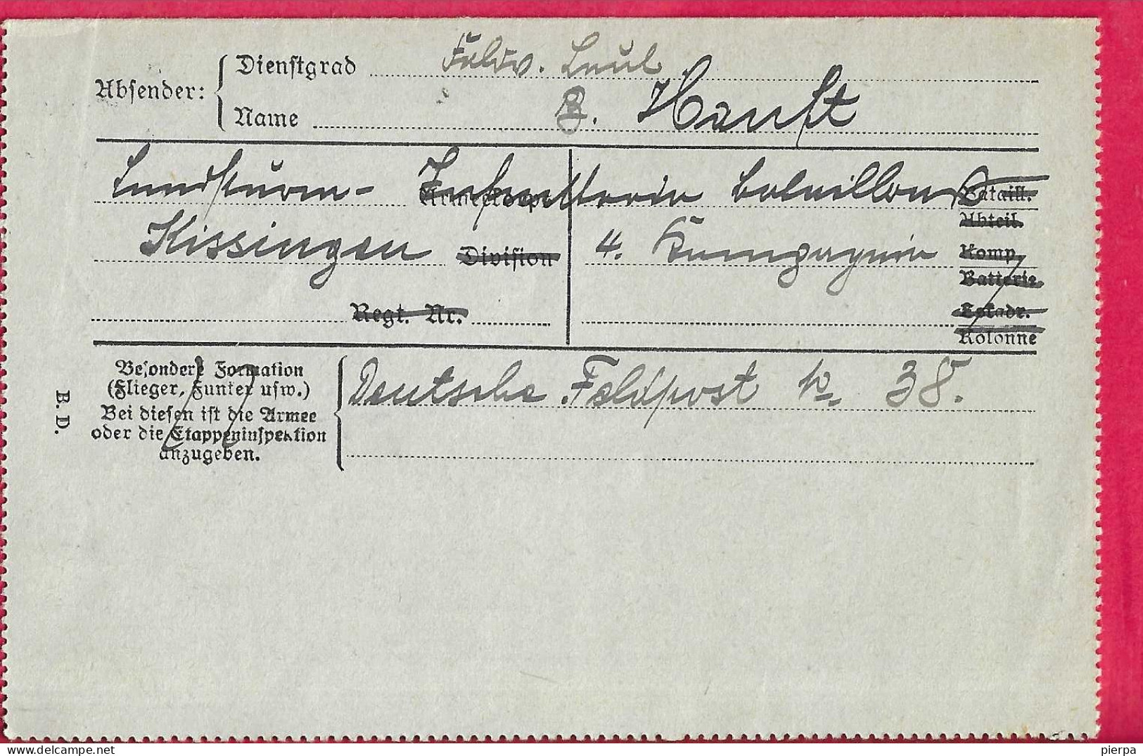 GERMANIA - FELDPOSTBRIEF - ANNULLO " FELDPOST * 9.55* PER BAMBERG *1917* - Omslagen