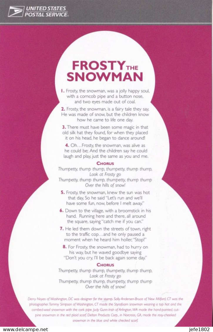 Holiday Snowmen - First Day Of Issue / Song FROSTY The SNOWMAN - Lettres & Documents