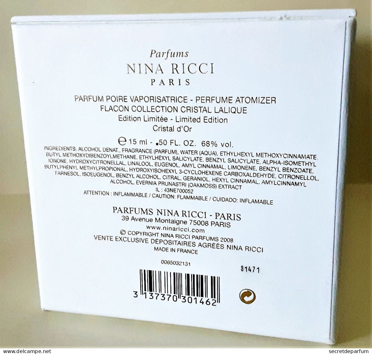 flacon L'AIR du TEMPS de NINA RICCI PARFUM 15 ml Flacon LALIQUE COLOMBE CRISTAL D'OR  Edition Limitée  593 / 900 + Boite