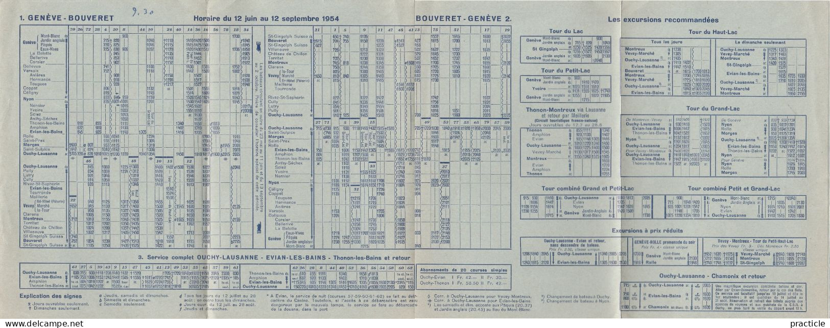2699 Compagnie Generale De Navigation Sur Le Lac Leman Horaire Ete 1954 Suisse Geneve Ouchy Lausanne - Europa