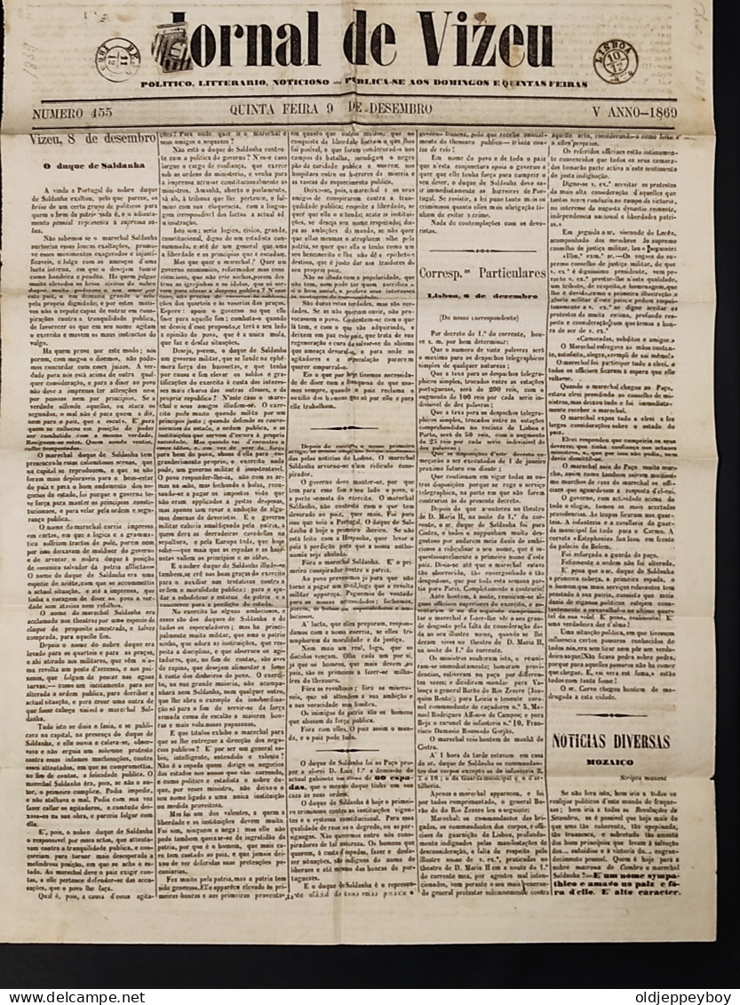 1869 PORTUGAL  “Jornal De Viseu Datado De 11.12.1869 Com Selo De 5 Reis D. Luís I, Fita Curva, Denteado, MF19  - Autres & Non Classés