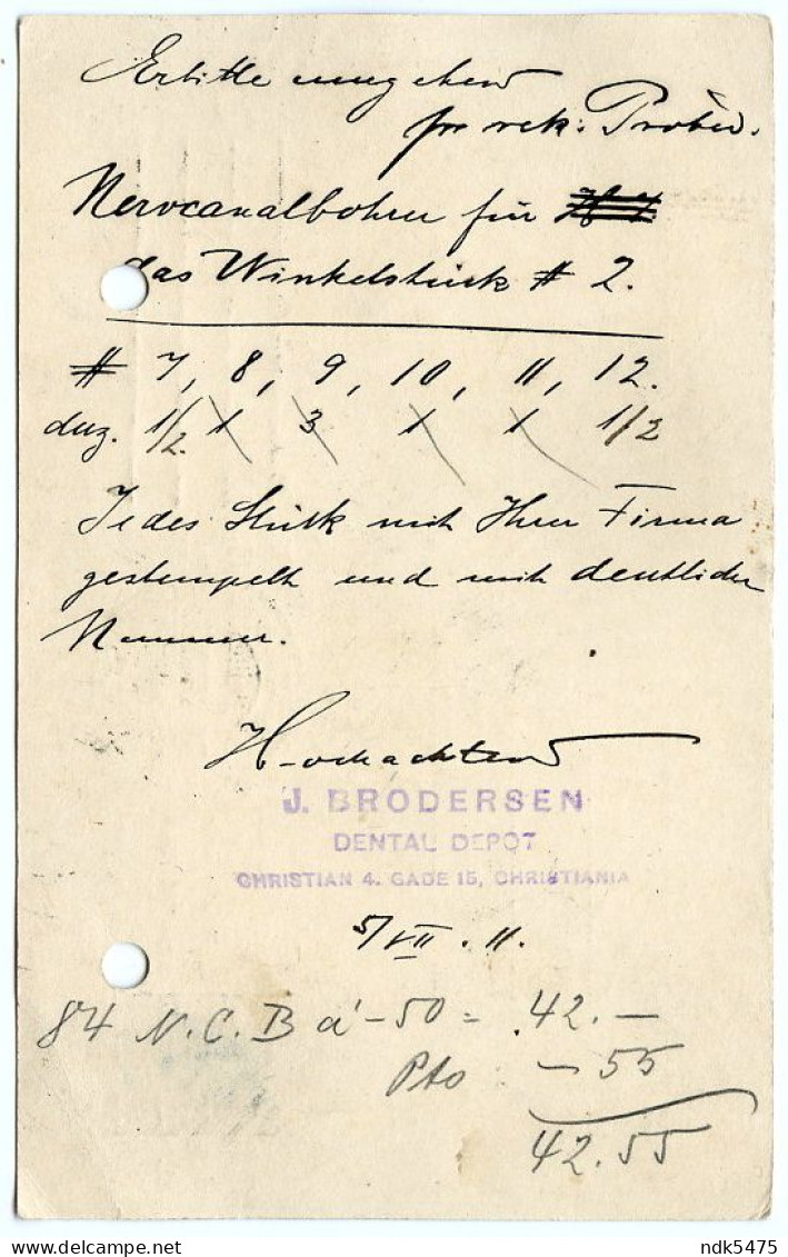 NORWAY : KRISTIANIA, POSTAL STATIONERY, 1911 : DENTAL DEPOT / DENTISTRY / J. BRODERSEN, GADE / MUNCHEN - Ganzsachen