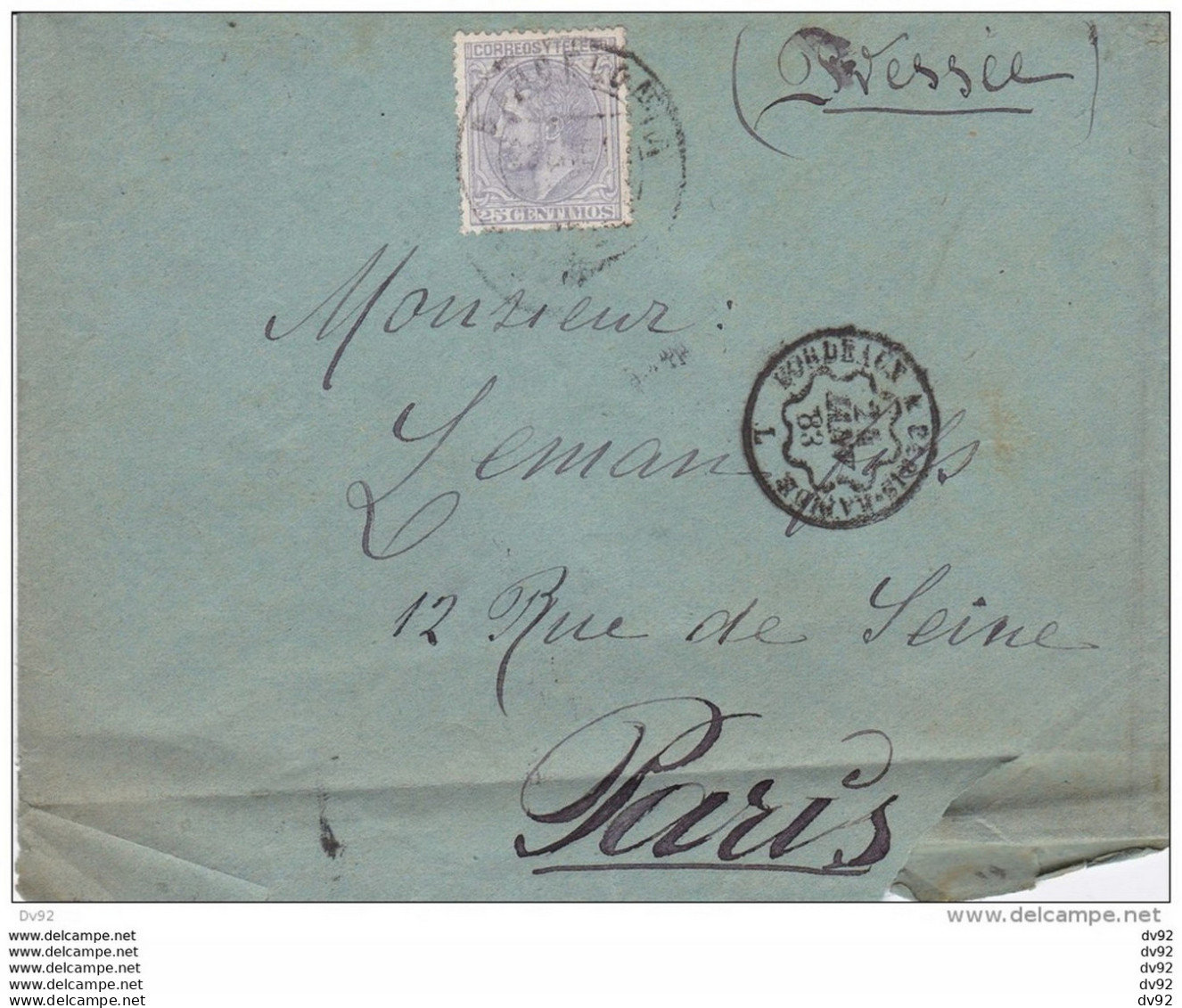 ESPAGNE LETTRE RECOMMANDEE POUR PARIS AVEC CACHET DE LIGNE BORDEAUX A PARIS - Lettres & Documents