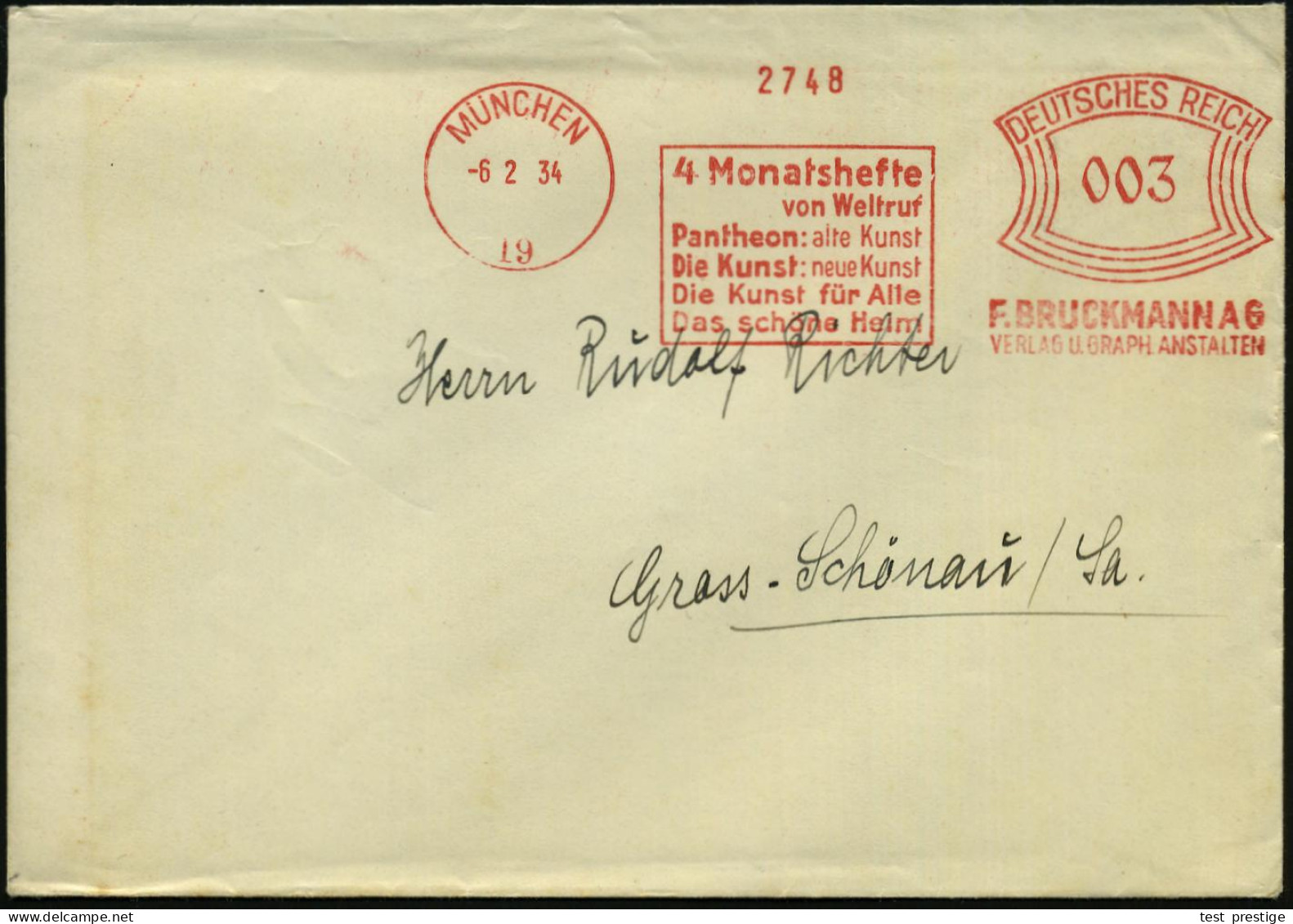 MÜNCHEN/ 19/ 4 Monatshefte/ ..Pantheon: Alte Kunst/ ..F.BRUCKMANN AG 1934 (6.2.) AFS Francotyp "Bogenrechteck" , Klar Ge - Archeologie