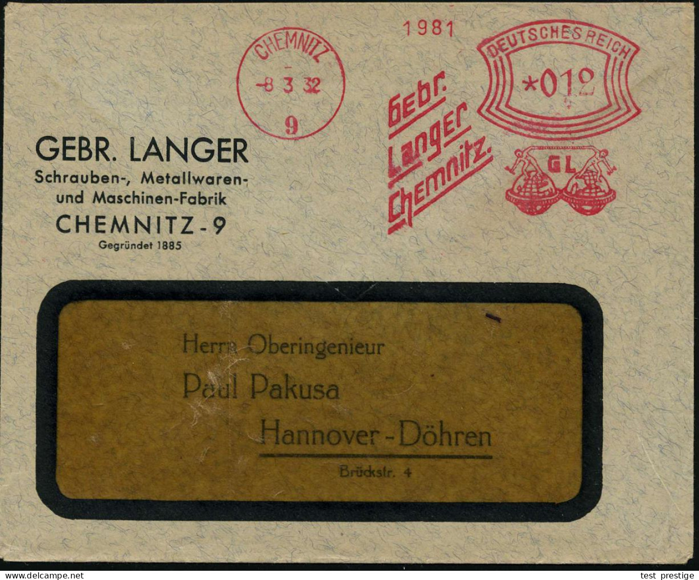 CHEMNITZ/ 9/ Gebr./ Langer.. 1932 (8.3.) AFS Francotyp (2 Globen Mit 2 Titanen) Firmen-Bf.: GEBR. LANGER; Schrauben- Met - Mythologie