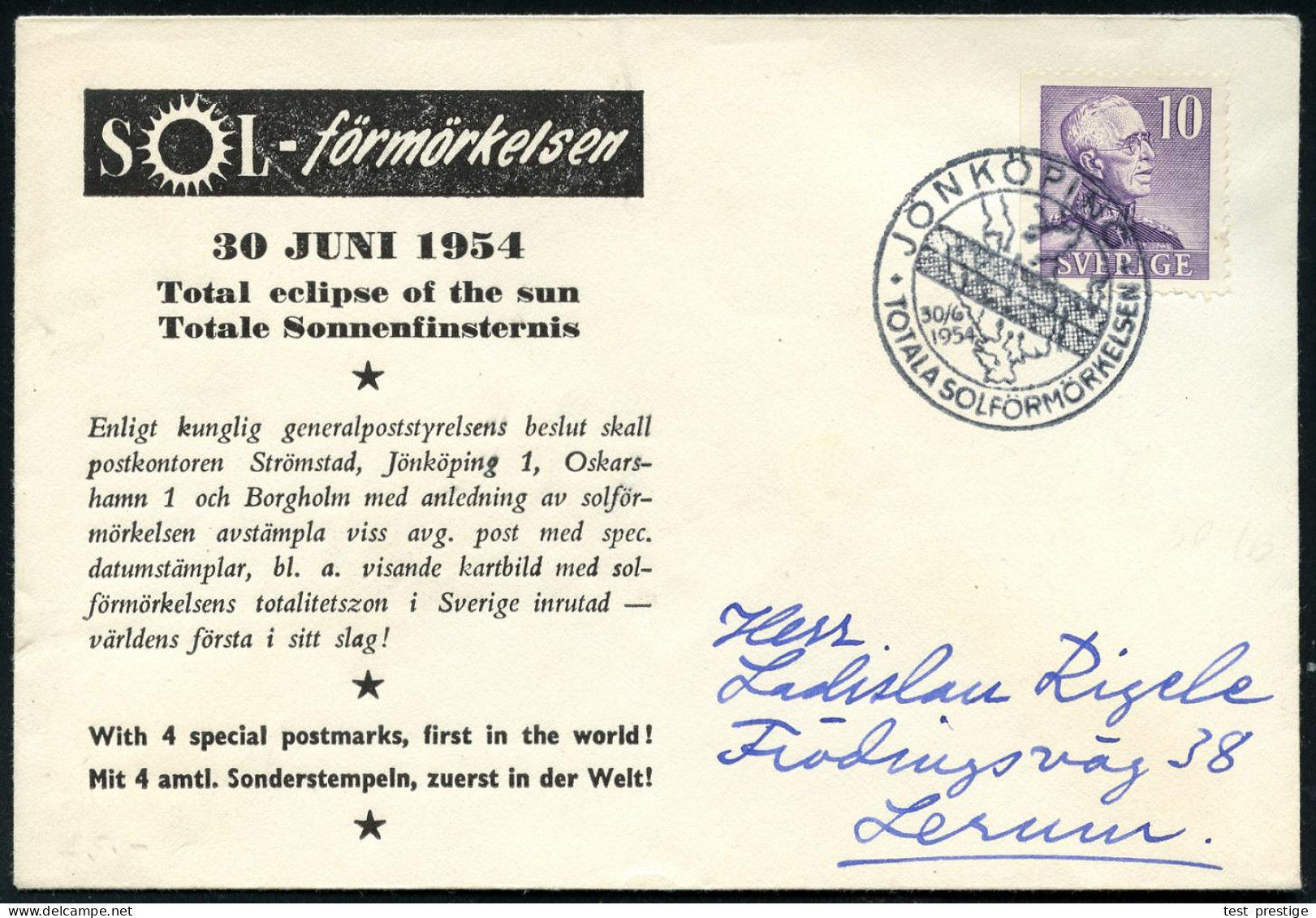 SCHWEDEN 1954 (30.6.) SSt: JÖNKÖPING/TOTALA SOLFÖRMÖRKELSEN = Schattenzone Des Sonnenfinsternis (auf Schweden-Landarte)  - Astronomy