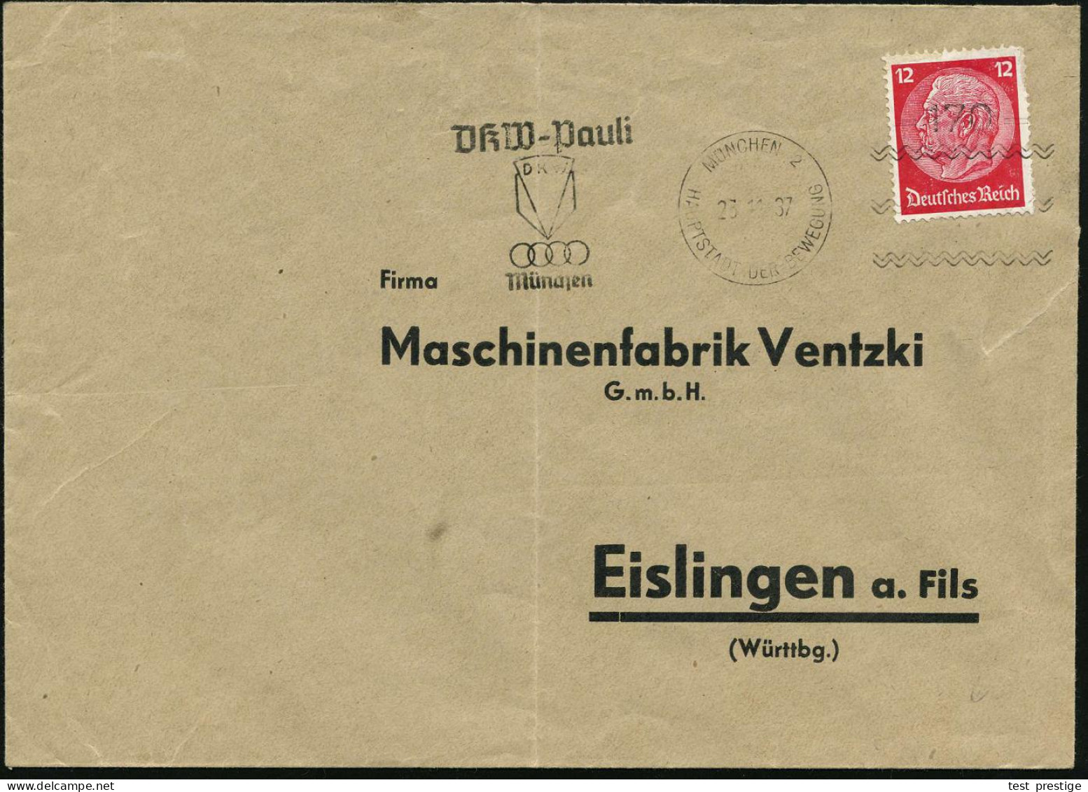 MÜNCHEN 2/ HDB/ =170=/ DKW-Pauli.. 1937 (25.11.) seltener Freimarkenstempel = Frankierapparat zur Vorausentwertung utoma