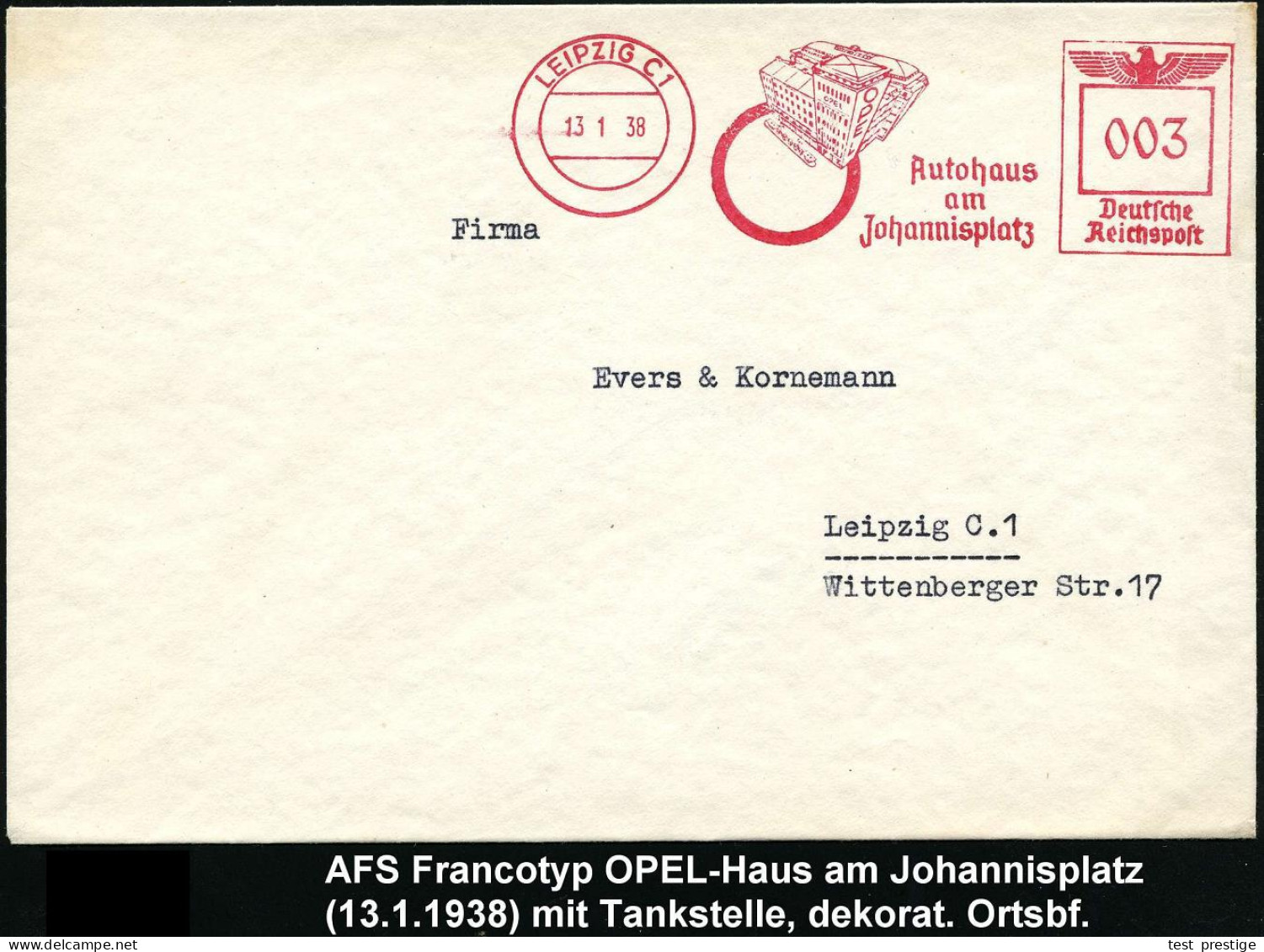 LEIPZIG C 1/ OPEL/ Autohaus/ Am/ Johannisplatz 1938 (13.1.) Dekorativer AFS Francotyp = Opel-Haus Mit Tankstelle , Klar  - Cars