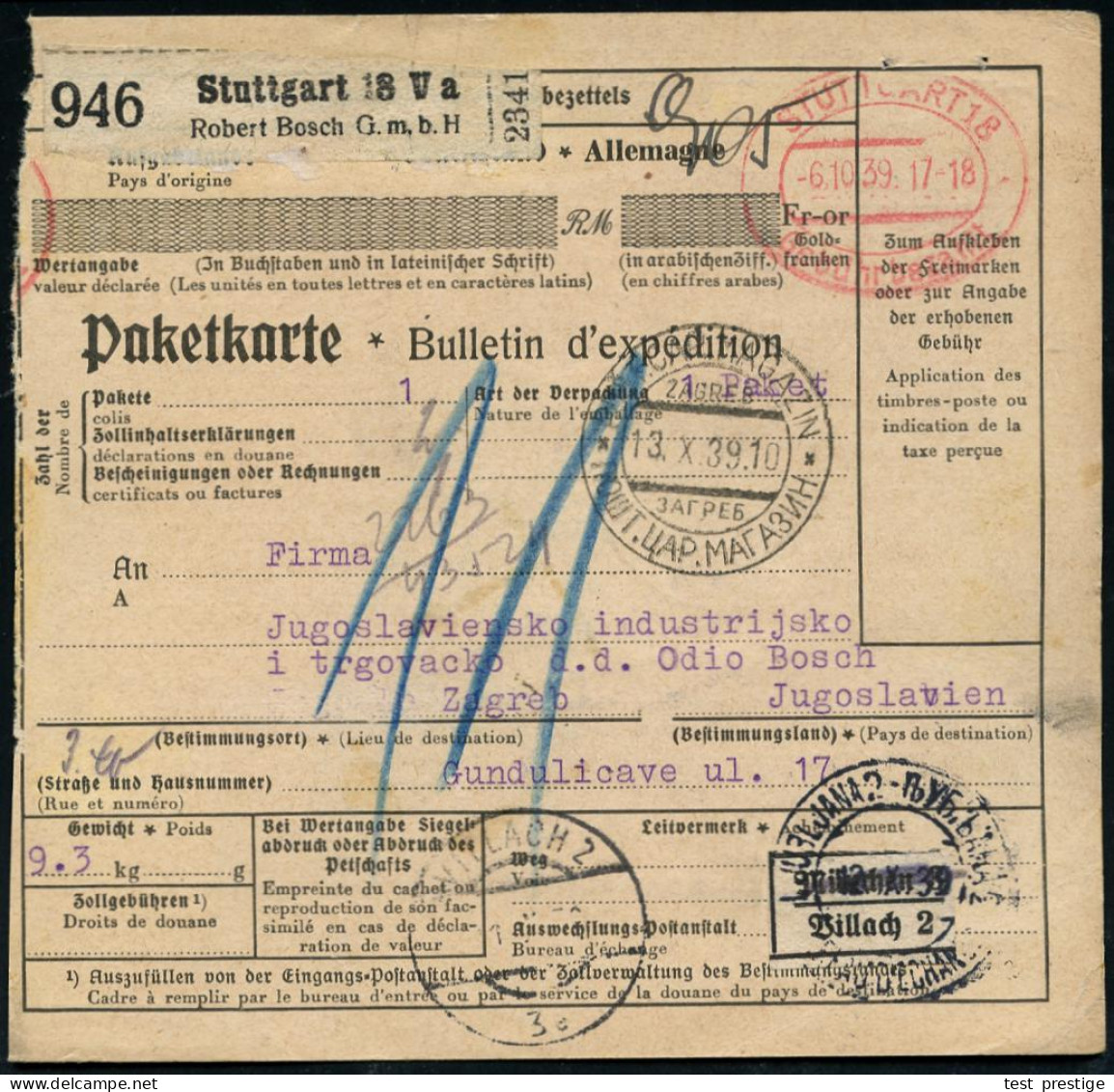 STUTTGART 18/ Gebühr Bezahlt 1939 (6.10.) Doppel-Oval + Schw. Selbstbucher-Paketzettel: Stuttgart 18 V A / Robert Bosch  - Autos