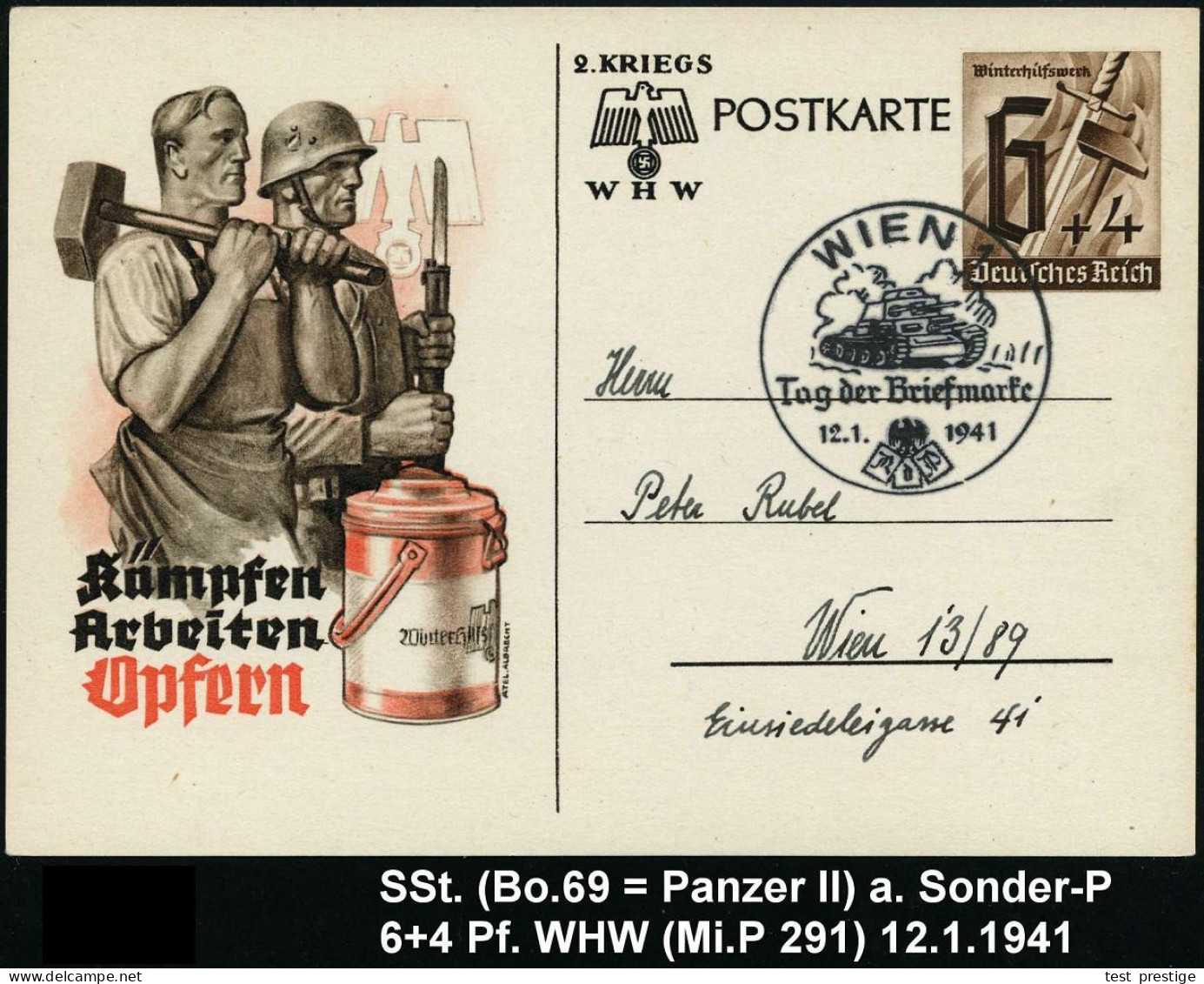 WIEN/ Tag Der Briefmarke 1941 (12.1.) SSt = Panzer II Auf Sonder-P. 6 + 4 Pf. WHW (Mi.P 291) Orts-Karte (Bo.69) - GEPANZ - Andere (Aarde)