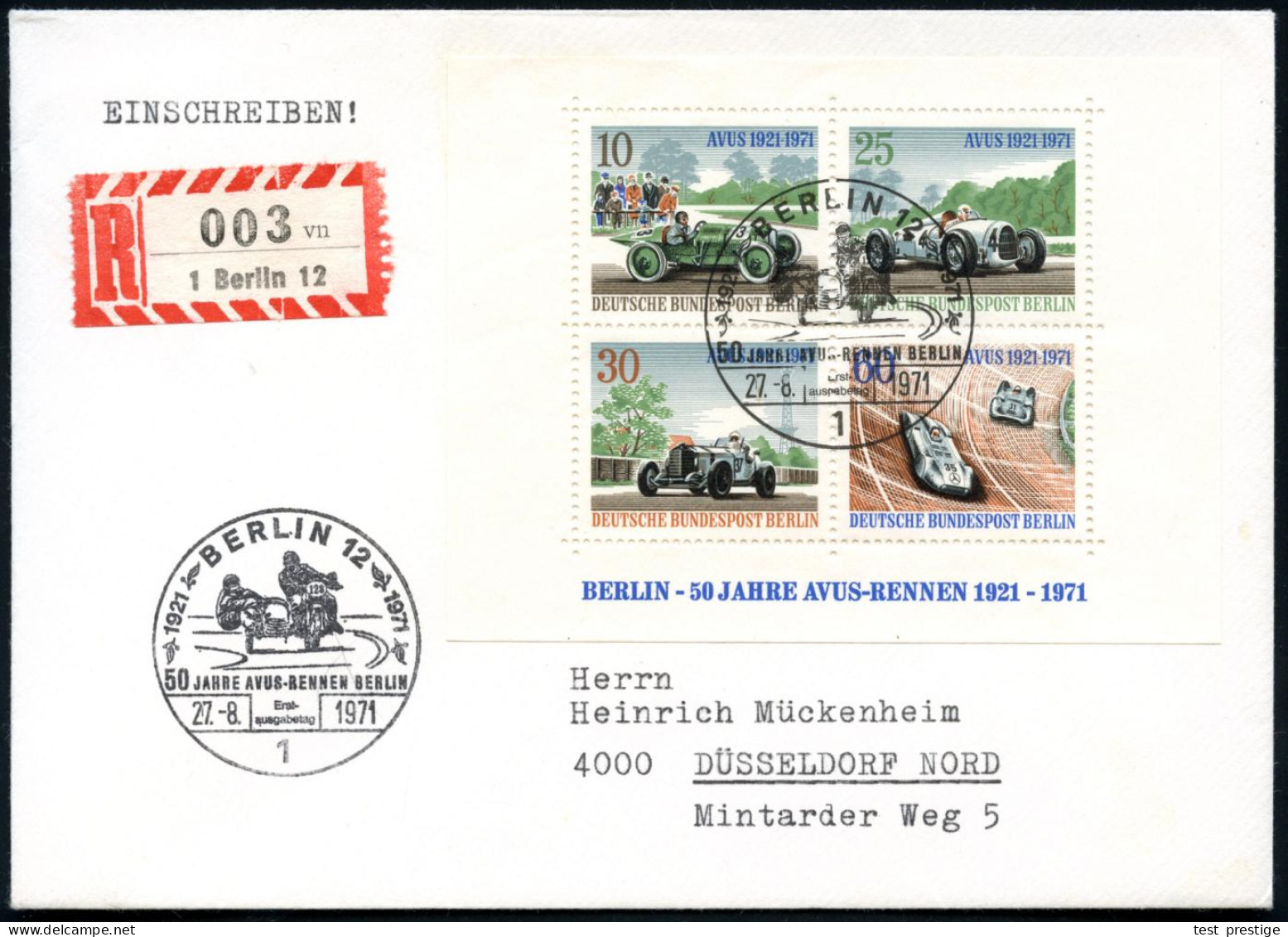 BERLIN 12 1971 (27.8.) SSt.: 1 BERLIN 12/50 JAHRE AVUS-RENNEN.. = Renn-Motorrad Mit Seitenwagen 2x Auf Avus-Block + RZ:  - Motorräder