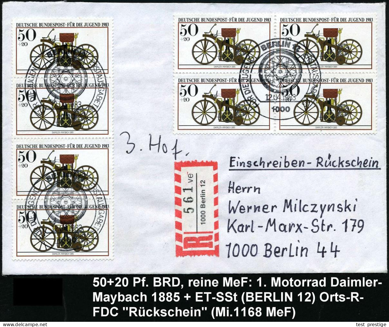 B.R.D. 1983 (12.8.) 50 + 20 Pf. Daimler-Maybach-Mototrrad V.1885, Reine MeF 8x , 3x ET-SSt. (Berlin 12), Orts-R-FDC!  (M - Motorräder