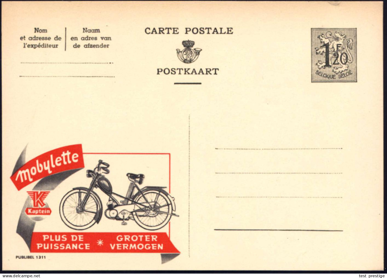 BELGIEN 1954 1,20F. Reklame-P Löwe, Oliv: Mobylette, Kaptein.. = Moped , Französ. Titel Oben, Ungebr. (Mi.P 289 I / 1311 - Motorfietsen