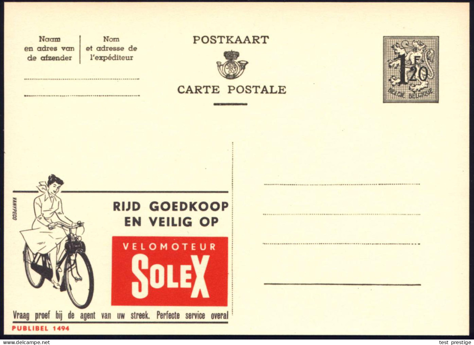 BELGIEN 1954 1,20F. Reklame-P Ziffer, Oliv: VELOMOTEUR SOLEX.. = Mofa "Velo-Solex" , Ungebr. (Mi.P 289 II / 1494) - MOTO - Motorfietsen