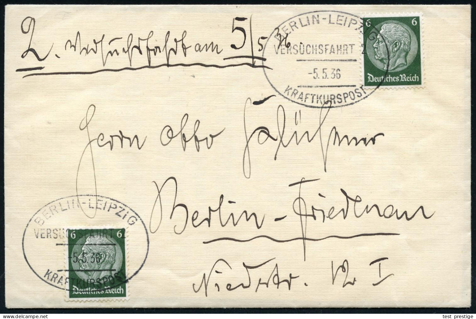 BERLIN-LEIPZIG/ VERSUCHSFAHRT 2/ KRAFTKURSPOST 1936 (5.5.) Seltener Oval-St. 2x + Hs. Zusatz "2. Versuchsfahrt" , Klar G - Auto's