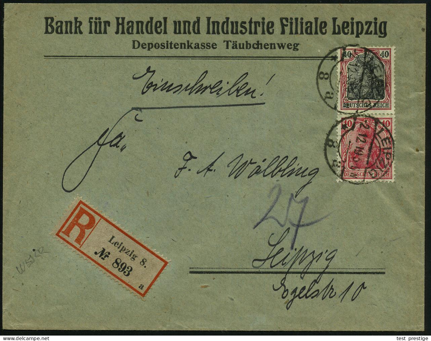 LEIPZIG/ *8a 1919 (2.12.) 1K-Brücke Auf Germania 10 Pf. U. 40 Pf. + Gez. RZ: Leipzig 8/a ,klar Gest. Firmen-R-Bf.: Bank  - Andere