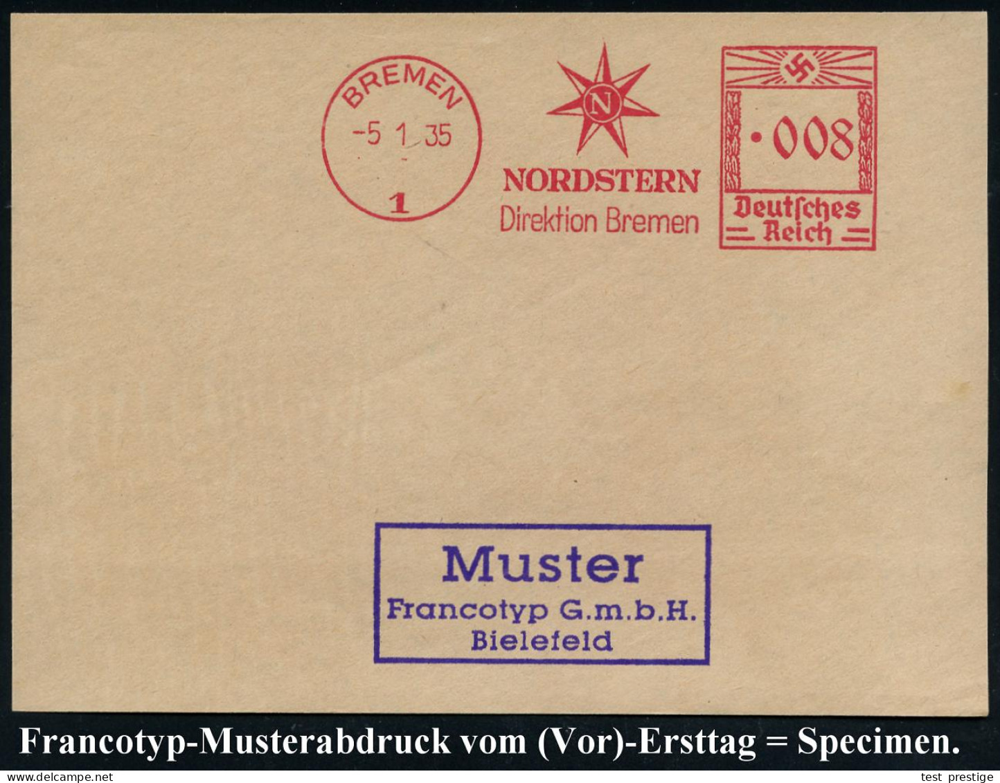 BREMEN/ 1/ NORDSTERN 1935 (5.1.) AFS-Musterabdruck Francotyp "Hakenkreuz" (Firmen-Logo) Glasklar Gest. Francotyp-Musterb - Andere