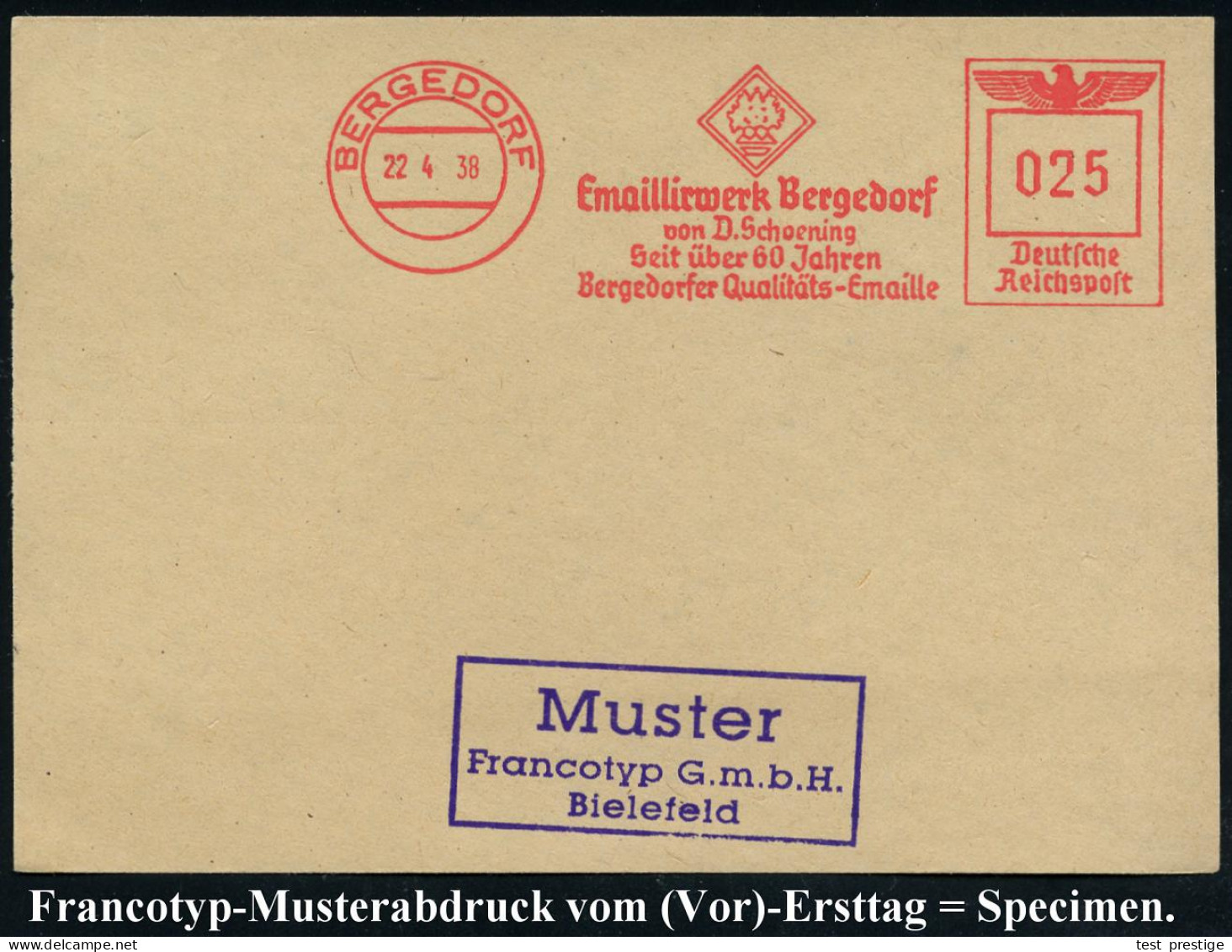 BERGEDORF/ Emaillierwerk Bergedorf/ Von D.Schoening/ Seit über 60 Jahren.. 1938 (22.4.) AFS-Musterabdruck Francotyp  "Re - Chimica