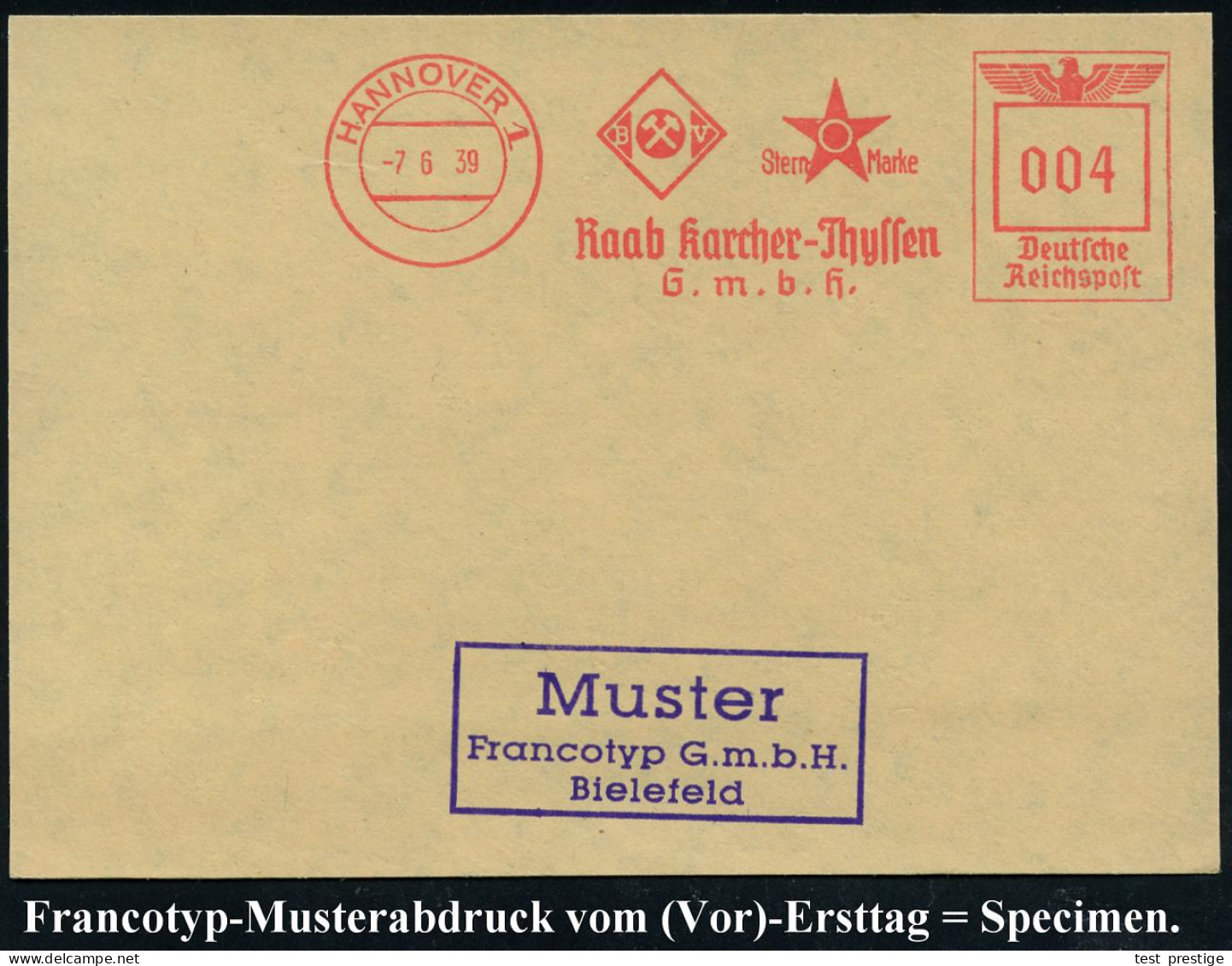 HANNOVER 1/ ..Raab Karcher-Thyssen/ GmbH 1939 (2.6.) AFS-Musterabdruck Francotyp  "Reichsadler" (Firmenlogo: BV-Aral Etc - Chemie