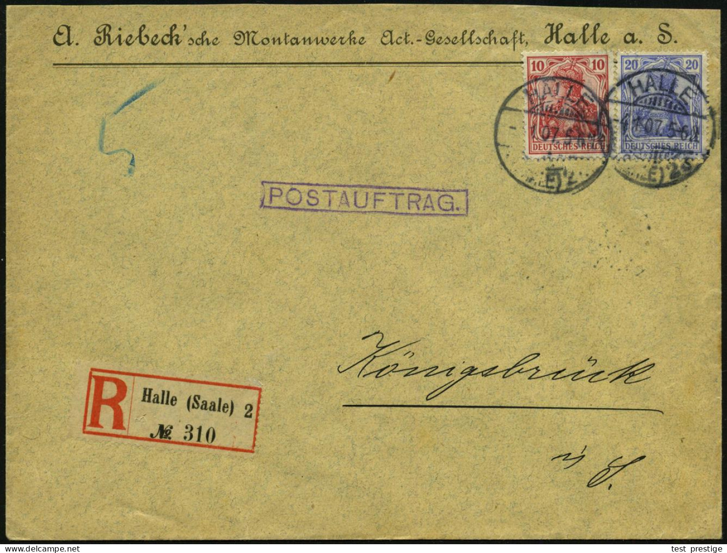 HALLE (SAALE) 2/ S 1907 (4.1.) 1K-Gitter Auf Germania 10 Pf. U. 20 Pf. + Gez. RZ: Halle (Saale) 2 , Firmenbrief: A. Rieb - Chemistry