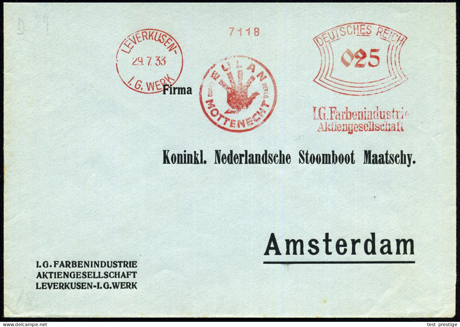 LEVERKUSEN-/ I.G. WERK/ MOTTENECHT DURCH/ EULAN/ DER I.G./ I.G.Farbenindustrie/ AG 1934 (2.5.) AFS Francotyp = Hausposta - Chemistry