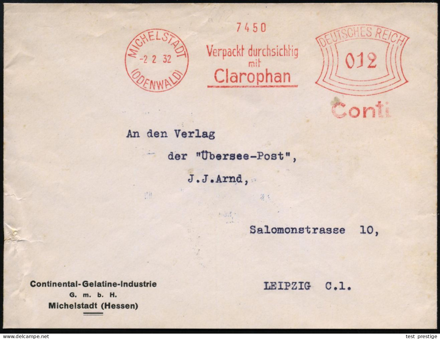 MICHELSTADT/ (ODENWALD)/ Verpackt Durchsichtig/ Mit/ Clarophan/ Conti 1932 (2.2.) AFS Francotyp Klar Auf Firmen-Bf.: Con - Chemistry